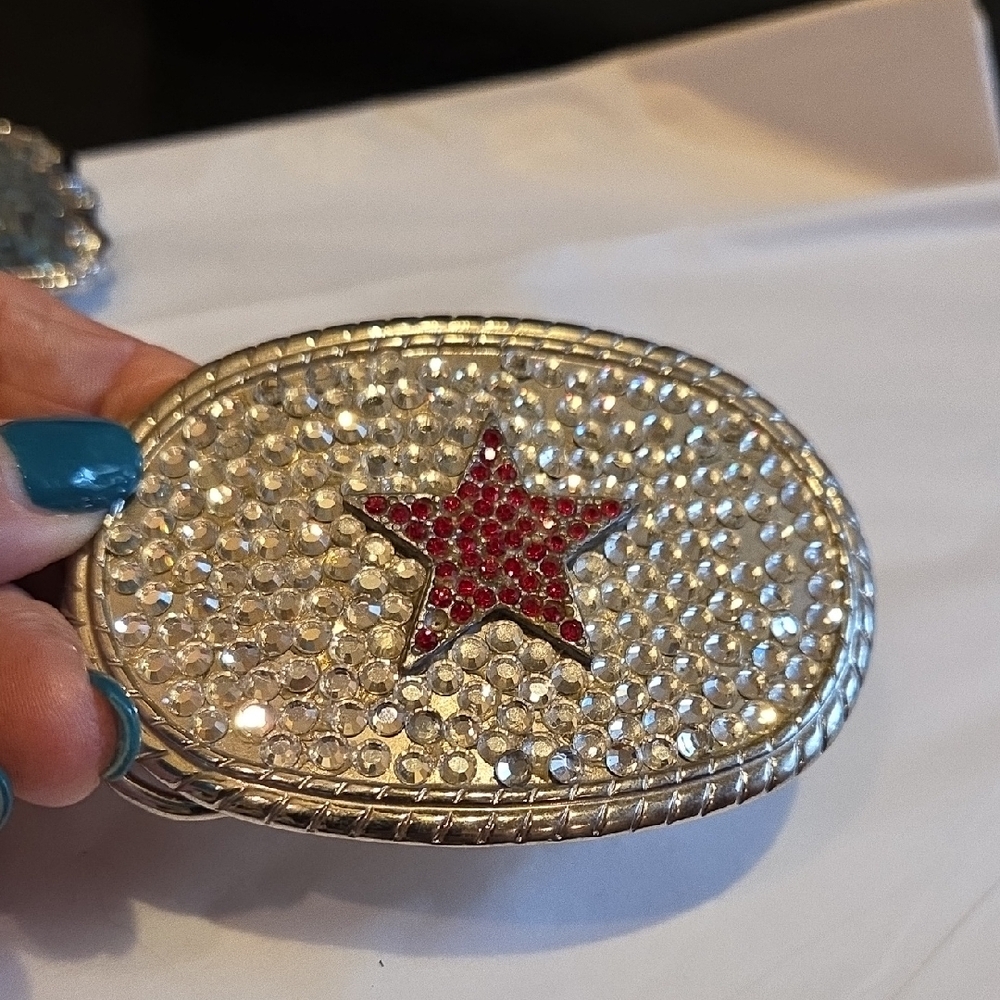 Sparkling Silver Belt Buckle with Red Star